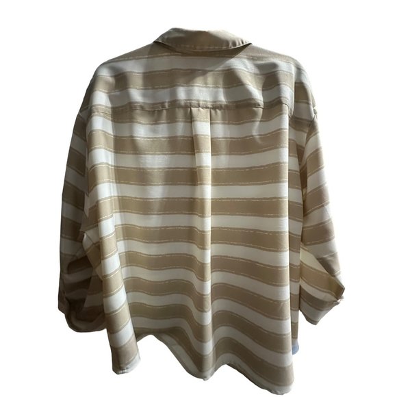 Chico’s size 3(XL/16) tan stripe cuffed 3/4 sleeve button front top - Picture 3 of 7